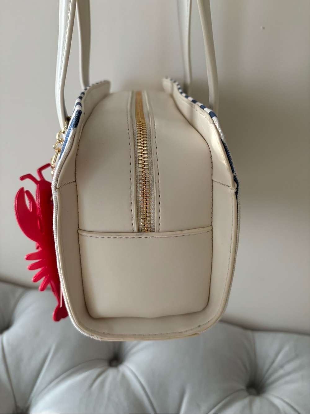 Betsey Johnson Navy & Cream Striped Shoulder Bag with Red Lobster Charm - Picture 5 of 13
